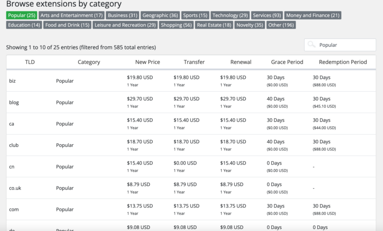 Perfect Domain Name browse domain name extensions by category screenshot